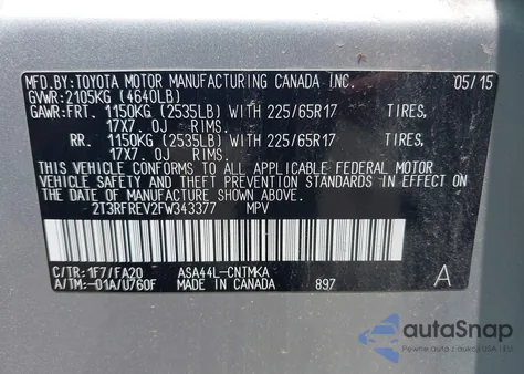 2015 Toyota Rav4 Xle из США, поврежденный, VIN 2T3RFREV2FW343377